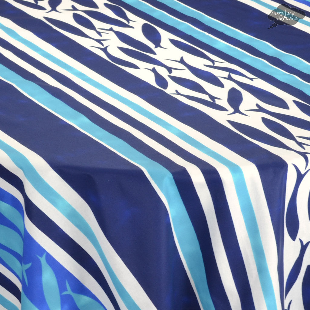 70" Round Fishy Fish Cotton Coated French Tablecloth by Le Cluny