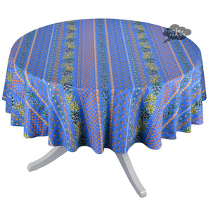 70" Round Olives Blue Striped Coated Provence Tablecloth by Le Cluny