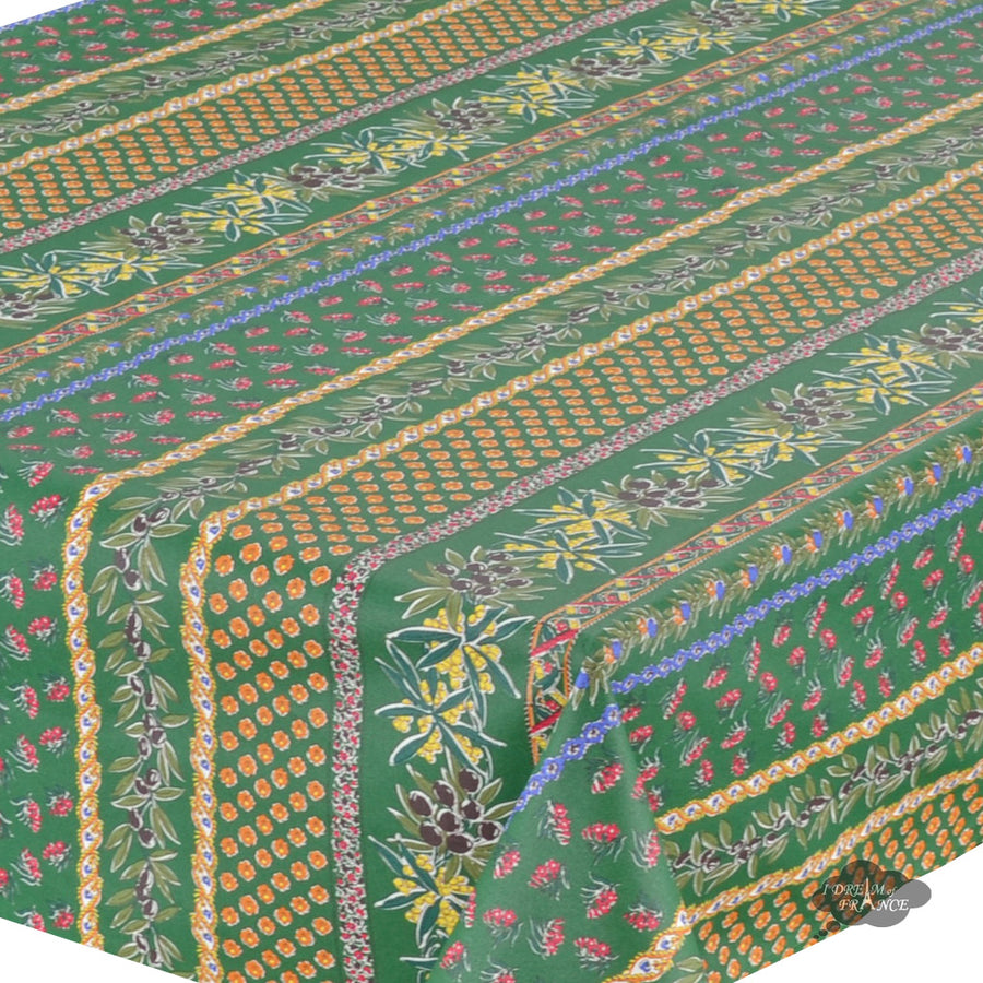 58" Square Olives Green Acrylic-Coated Cotton Provence Tablecloth by Le Cluny