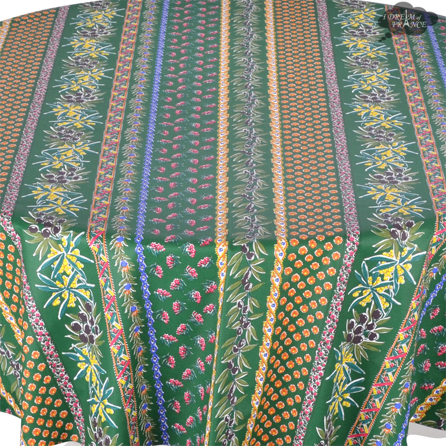 70" Round Olives Green Striped Acrylic-Coated Cotton Provence Tablecloth by Le Cluny