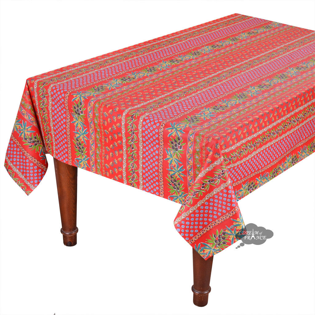 58" Square Olives Red Cotton Coated Provence Tablecloth by Le Cluny