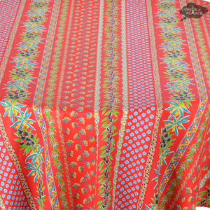 70" Round Olives Red Striped Acrylic-Coated Cotton Provence Tablecloth by Le Cluny