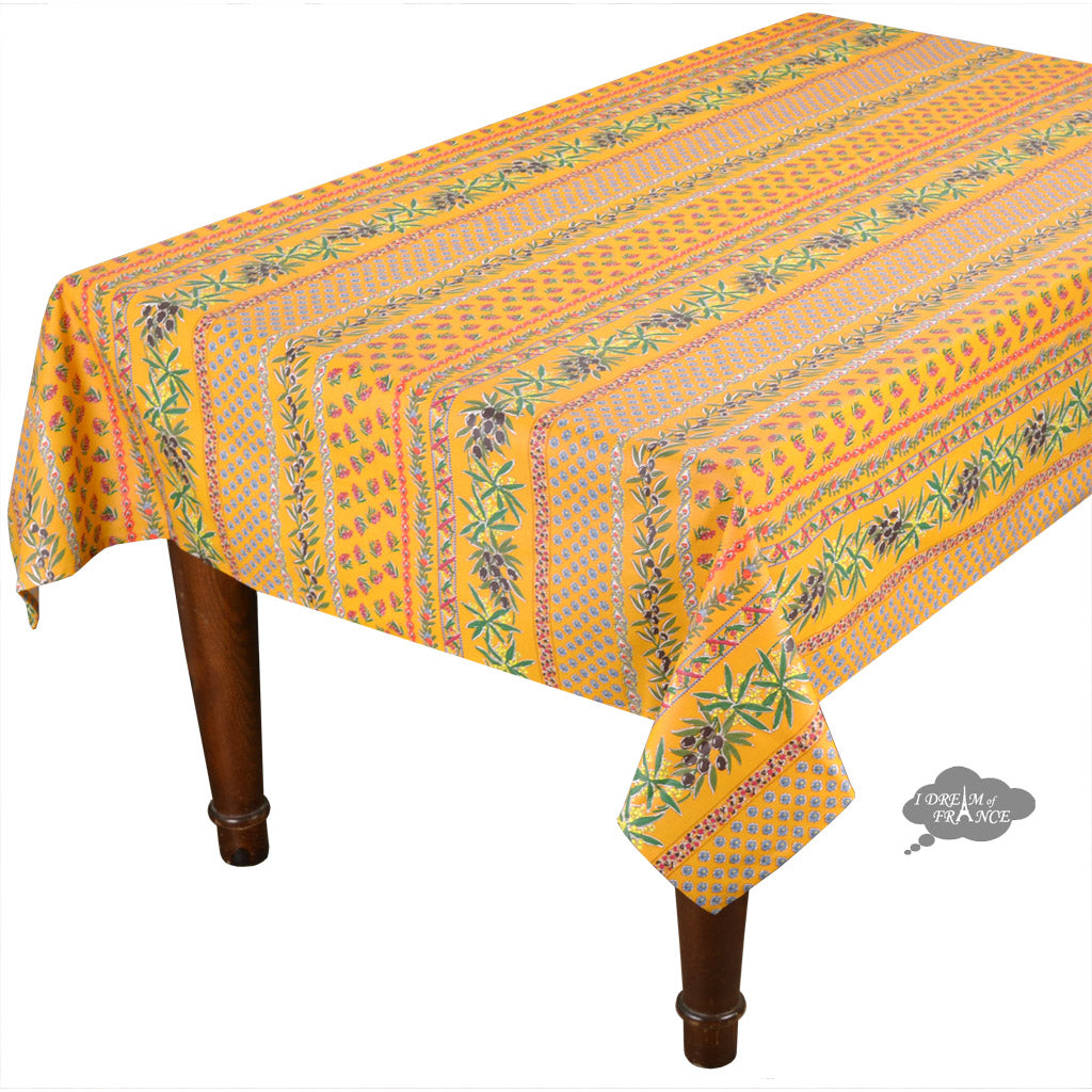 60x 96" Rectangular Olives Yellow Cotton Coated Provence Tablecloth by Le Cluny