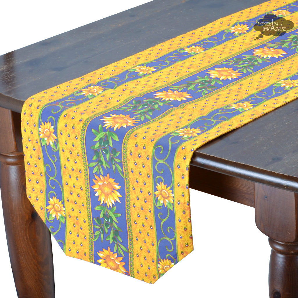 16x72" Sunflower Blue Cotton Coated Provence Table Runner by Le Cluny