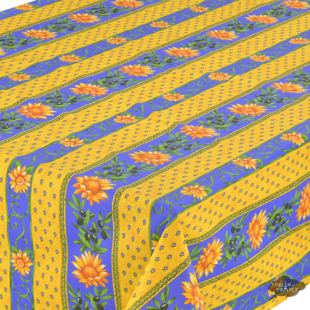 60x96" Rectangular Sunflower Blue Cotton Coated Provence Tablecloth - Close Up
