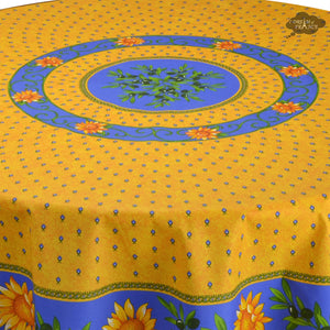 68" Round Sunflower Blue Cotton Coated Provence Tablecloth - Close Up