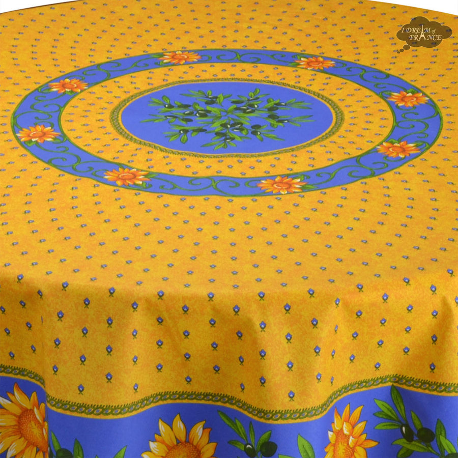 68" Round Sunflower Blue Cotton Coated Provence Tablecloth by Le Cluny