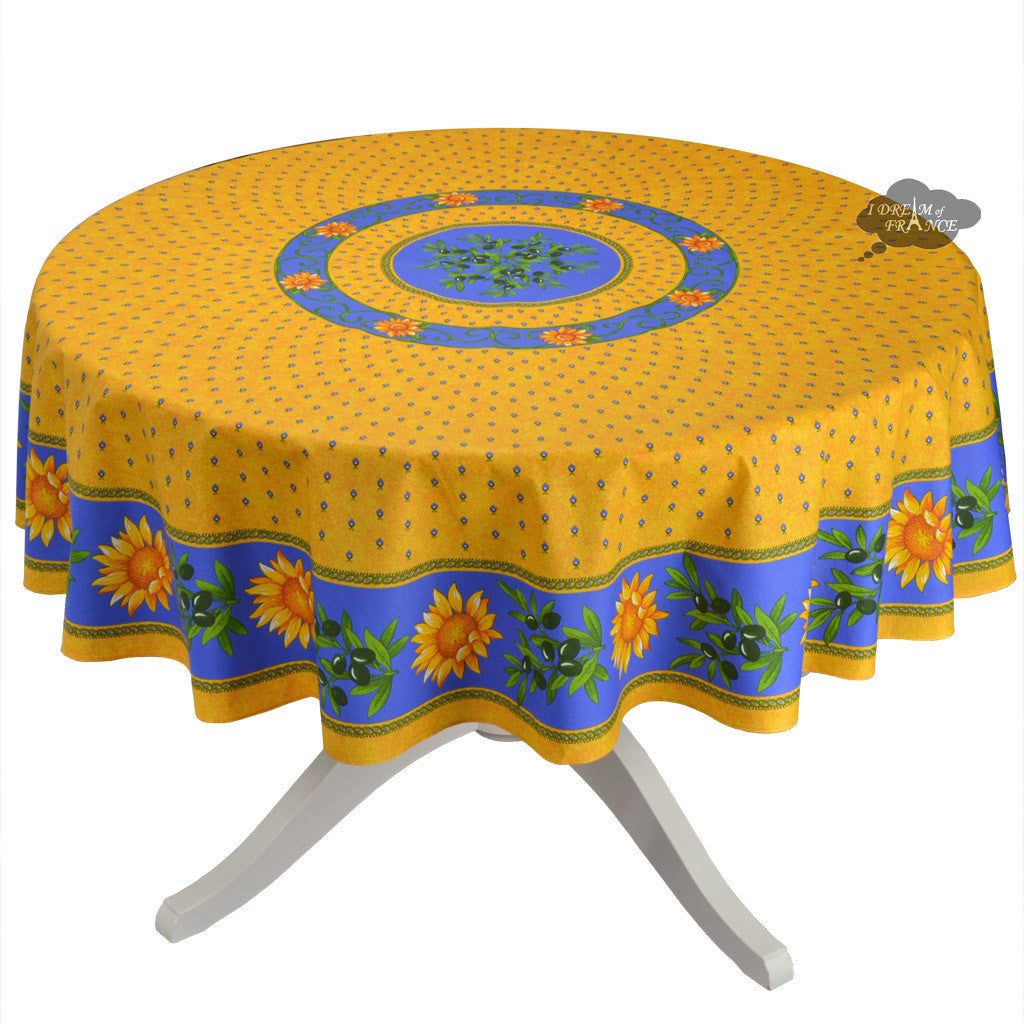 68" Round Sunflower Blue Cotton Coated Provence Tablecloth by Le Cluny