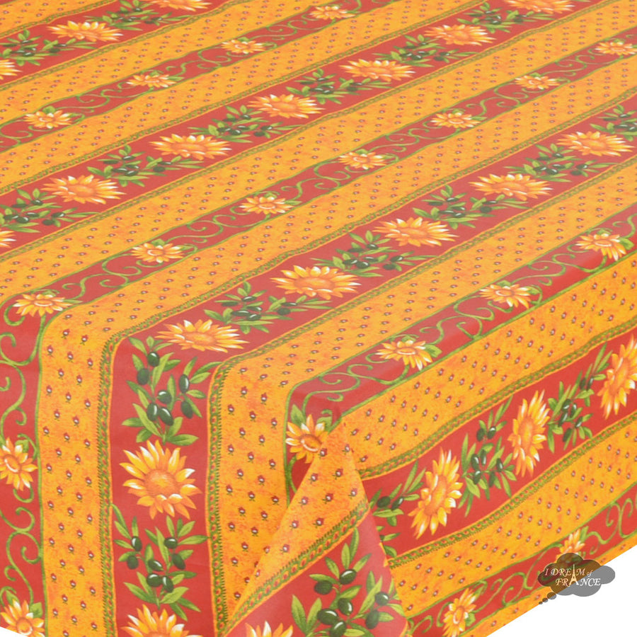 58" Square Sunflower Red Cotton Coated Provence Tablecloth by Le Cluny