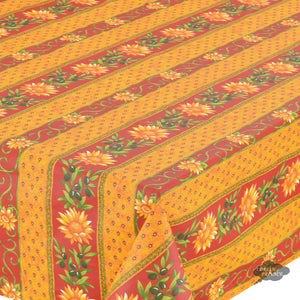 58x84" Rectangular Sunflower Red Cotton Coated Provence Tablecloth - Close Up