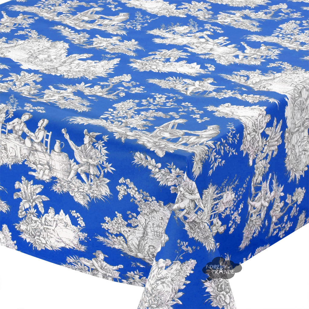 60x132" Rectangular Villandry Blue Toile Cotton Coated Provence Tablecloth by Le Cluny