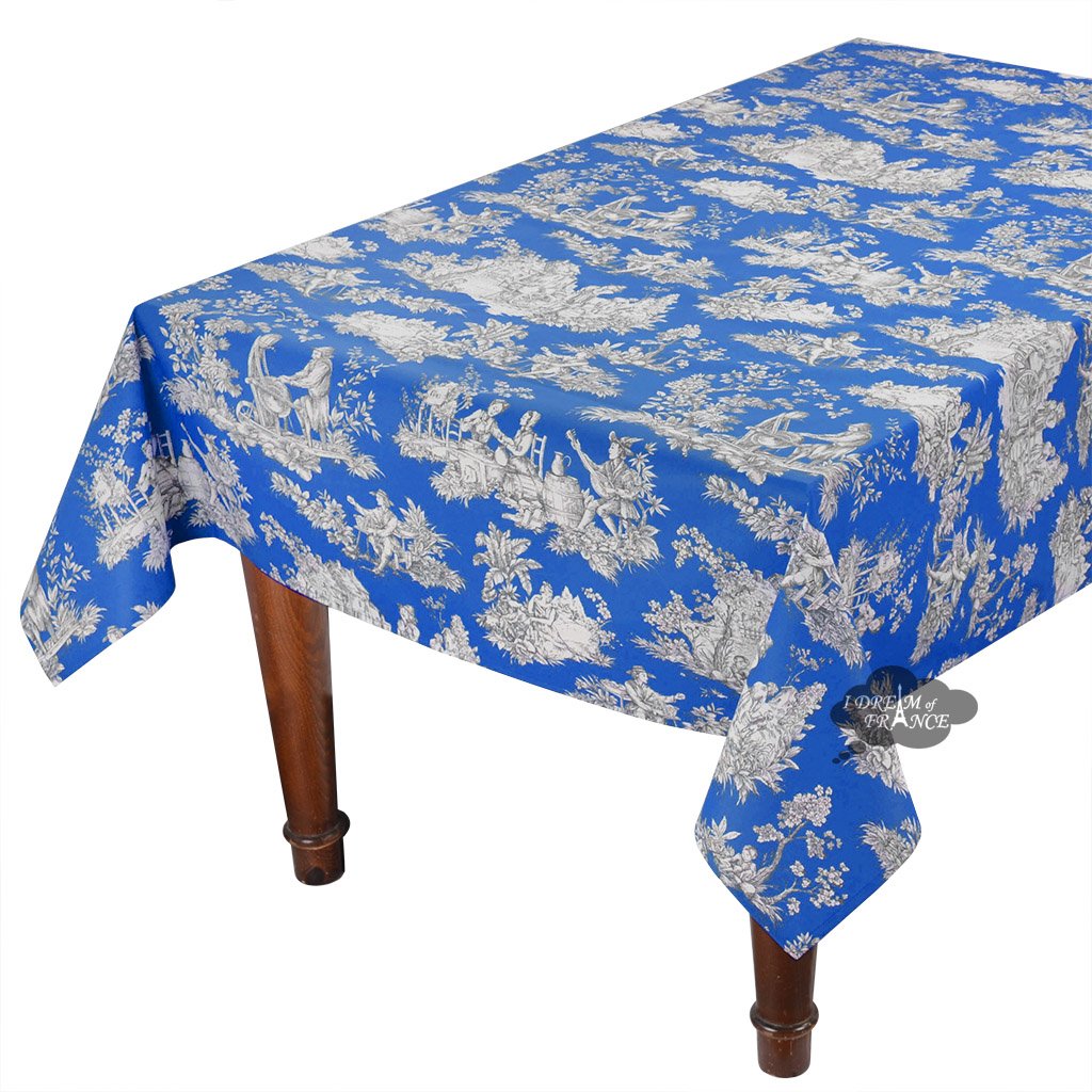 60x84" Rectangular Villandry Blue Toile Cotton Coated Provence Tablecloth by Le Cluny