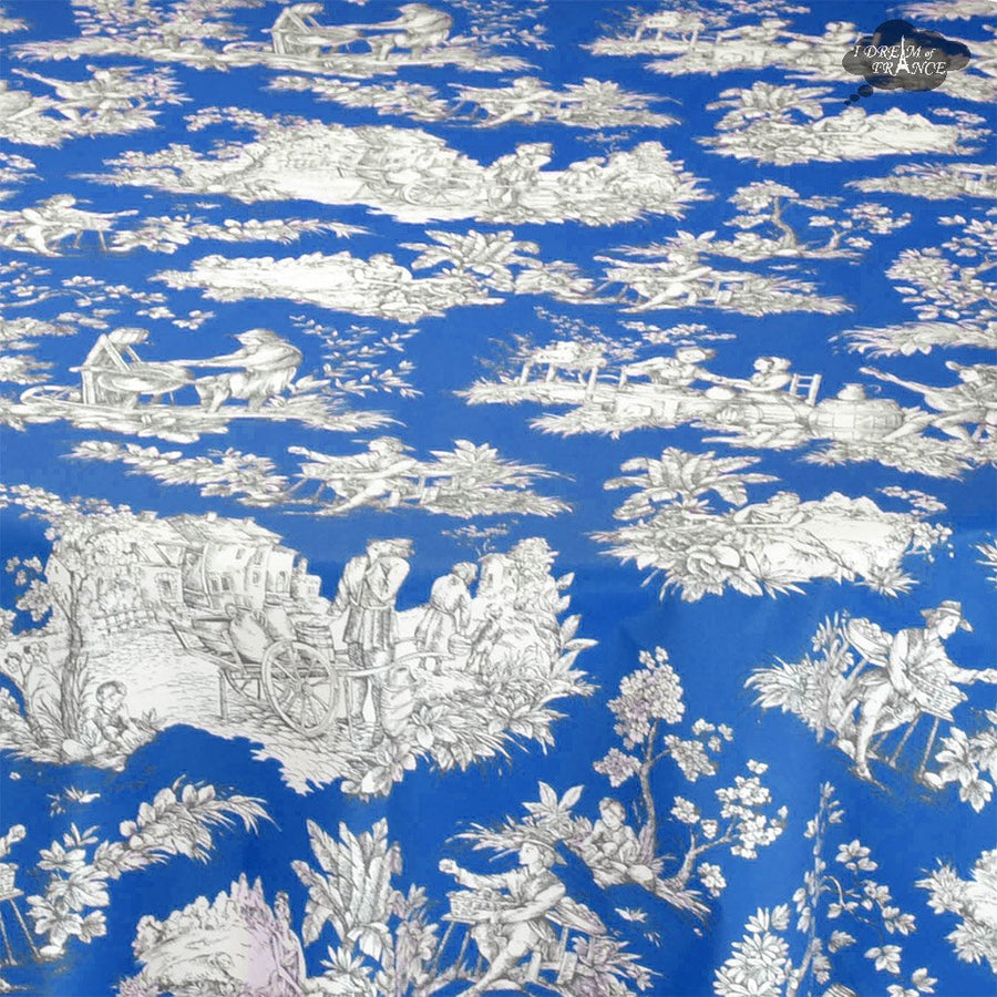 60" Round Villandry Blue Toile Cotton Coated French Tablecloth by Le Cluny
