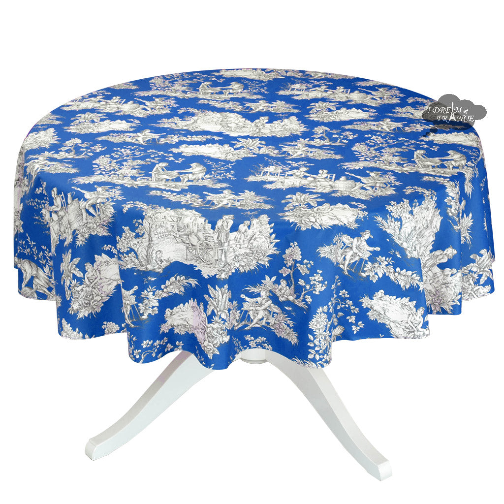 70" Round Villandry Blue Toile Cotton Coated French Tablecloth by Le Cluny