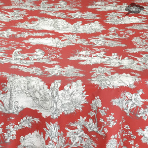 70" Round Villandry Red Toile Cotton Coated French Tablecloth by Le Cluny