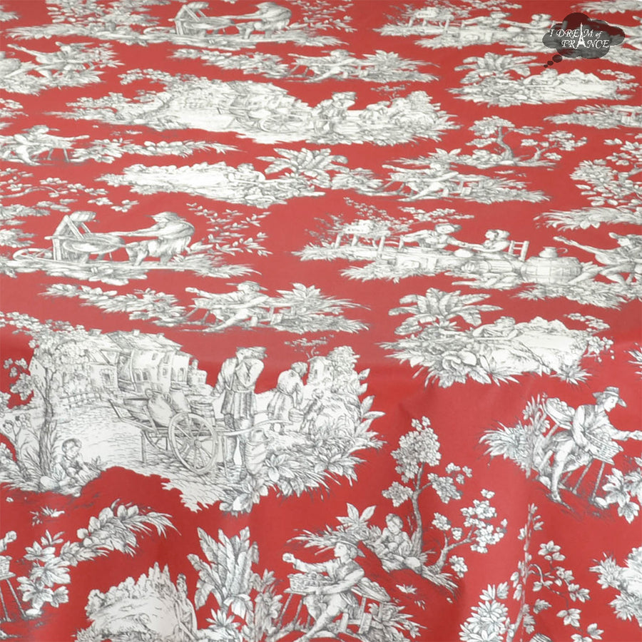 60x120" Rectangular Villandry Red Toile Cotton Coated Provence Tablecloth by Le Cluny