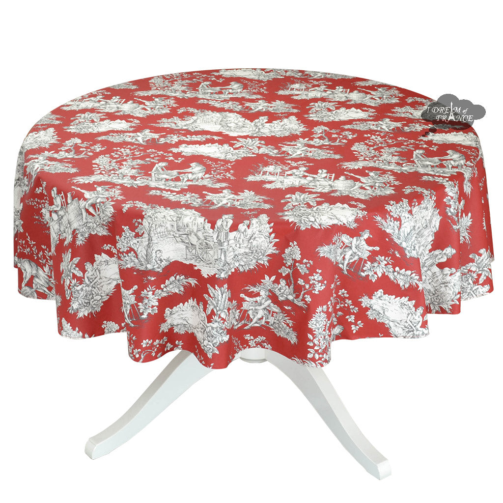 70" Round Villandry Red Toile Cotton Coated French Tablecloth by Le Cluny