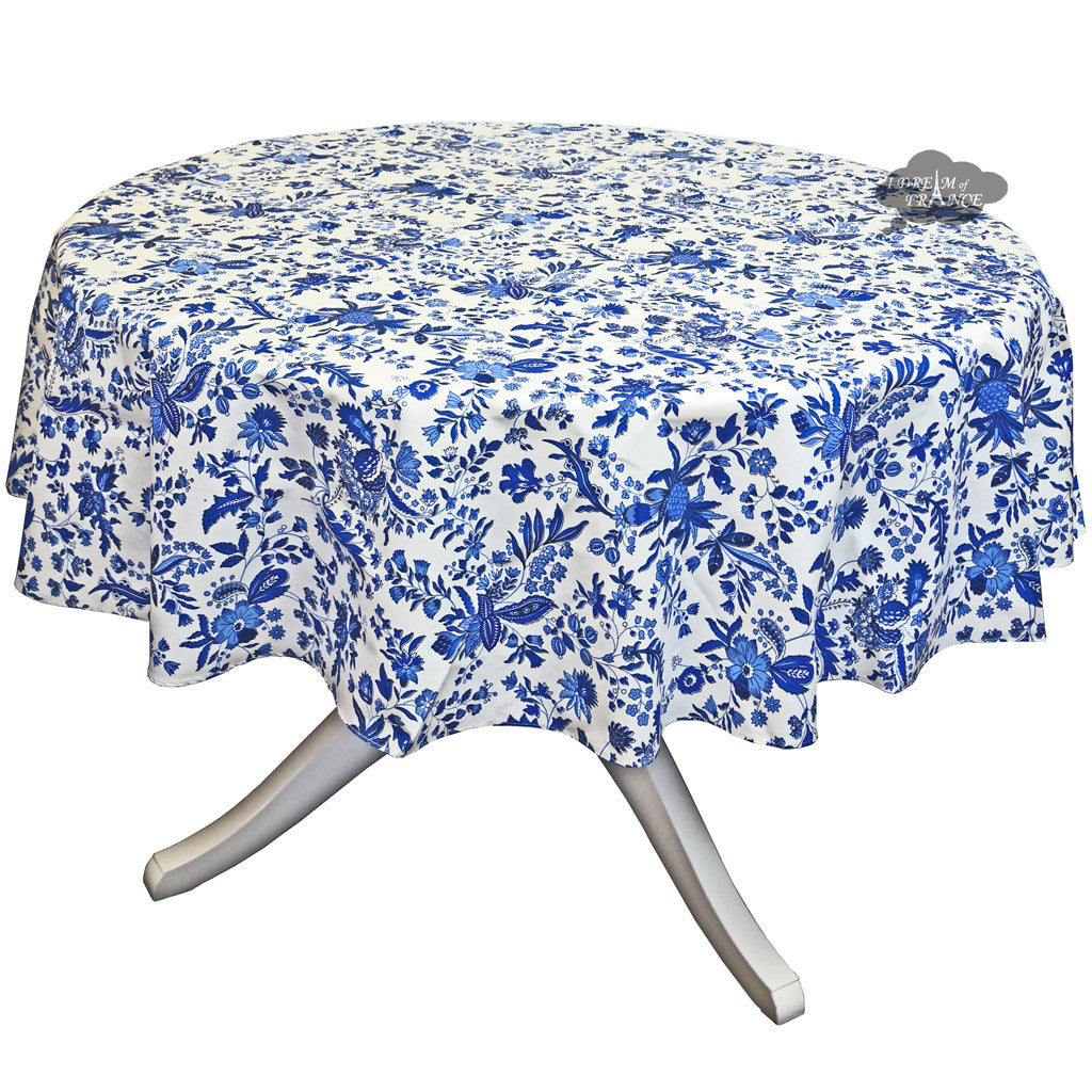 60" Round Versailles Blue Cotton Coated French Tablecloth by Le Cluny