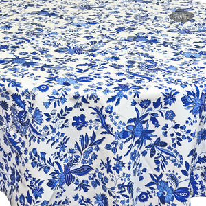 68" Round Versailles Blue Cotton Coated French Tablecloth - Close Up