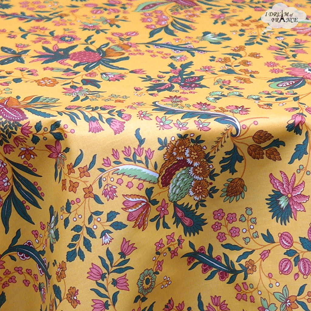 70" Round Versailles Yellow Cotton Coated French Jacobean Tablecloth by Le Cluny
