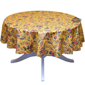 70" Round Versailles Yellow Cotton Coated French Jacobean Tablecloth by Le Cluny