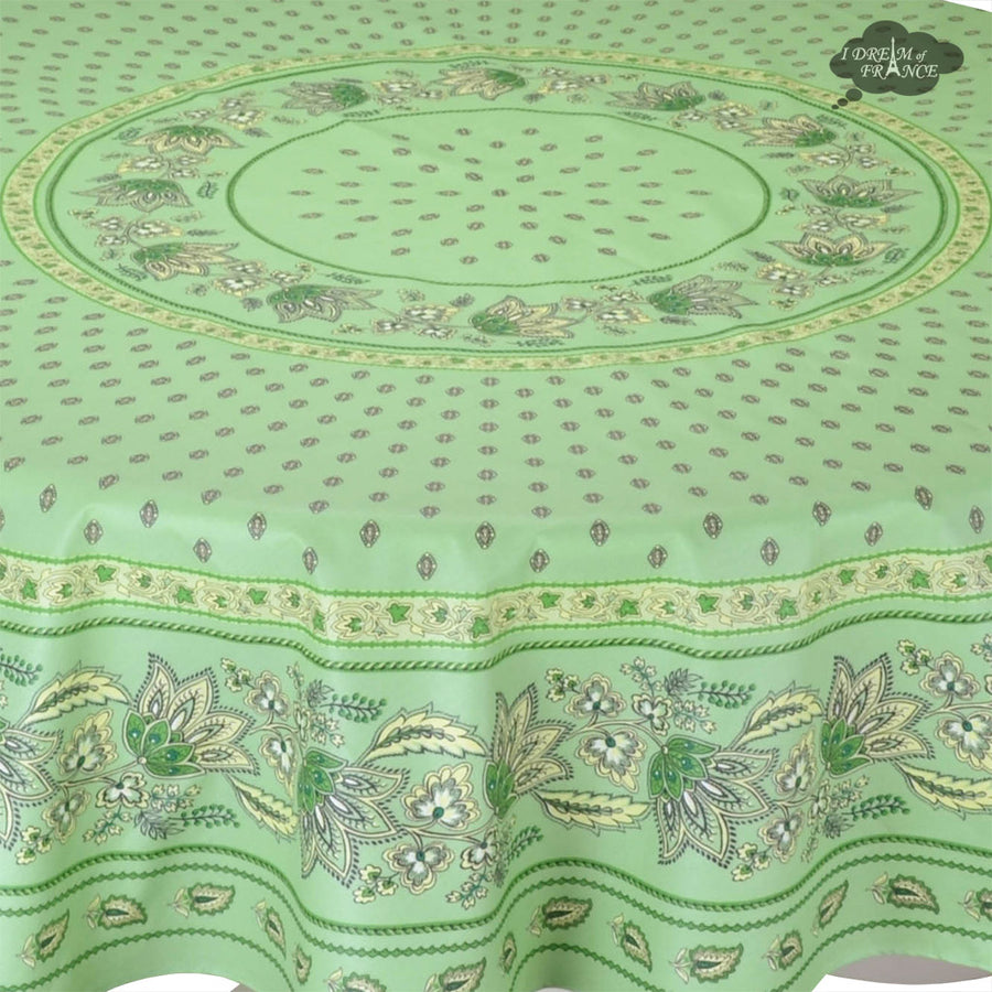 70" Round Lisa Pistachio Cotton Coated French Country Tablecloth by Le Cluny