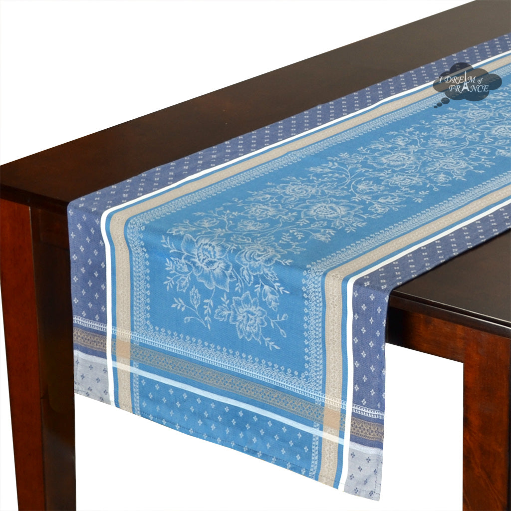 20x64" Massilia Azure Jacquard Cotton Table Runner by Tissus Toselli