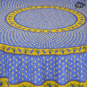 70" Round Monaco Blue Cotton Coated Provence Tablecloth by Le Cluny