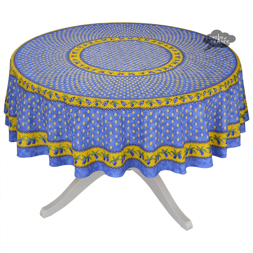 70" Round Monaco Blue Cotton Coated Provence Tablecloth by Le Cluny