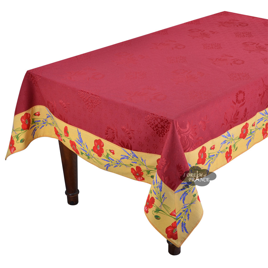 62x108" Rectangular Poppies Yellow & Red Matelassé Tablecloth by Tissus Toselli