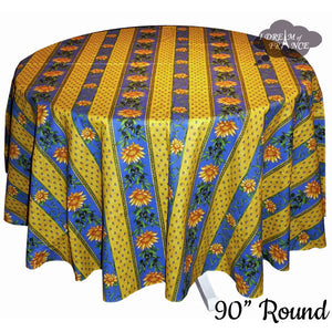 90" Round Sunflower Blue Cotton Coated Provence Tablecloth by Le Cluny