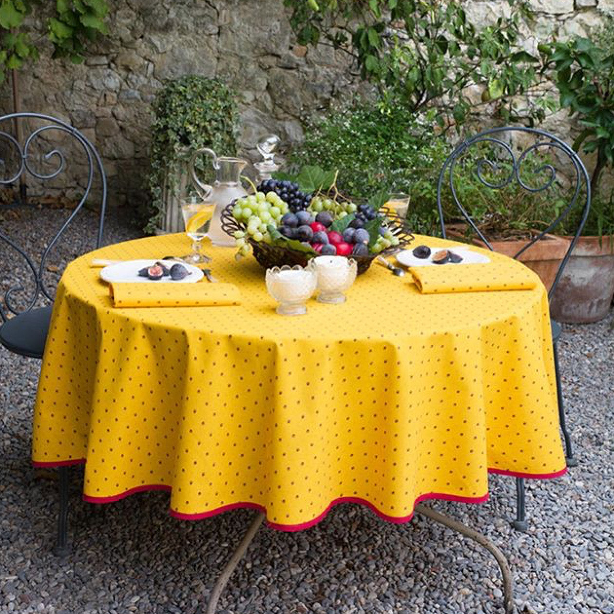 70" Round Calisson Yellow & Red Allover Coated Cotton Tablecloth by Tissus Toselli