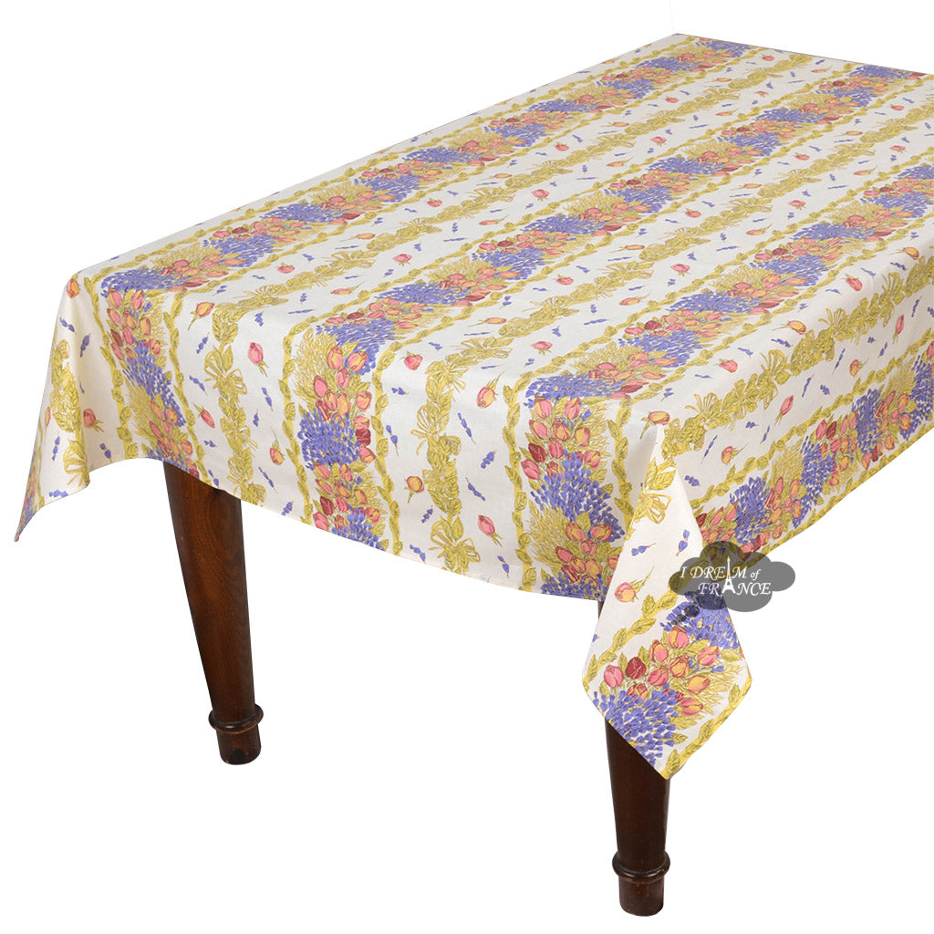 60x78" Rectangular Roses & Lavender Acrylic-Coated Cotton Tablecloth by Tissus Toselli