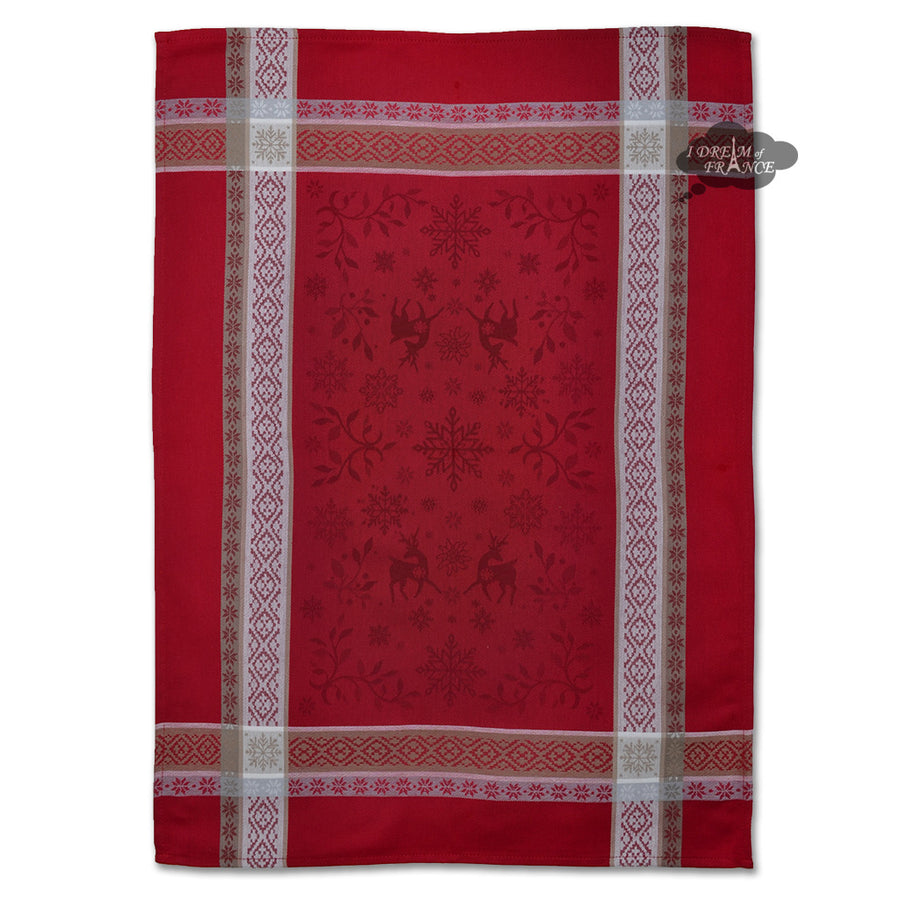Christmas Spirit Red French Jacquard Cotton Dish Towel by Marat d'Avignon