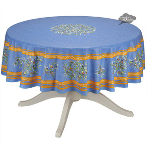 70" Round Clos des Oliviers Blue Round Coated Cotton Tablecloth by Tissus Toselli