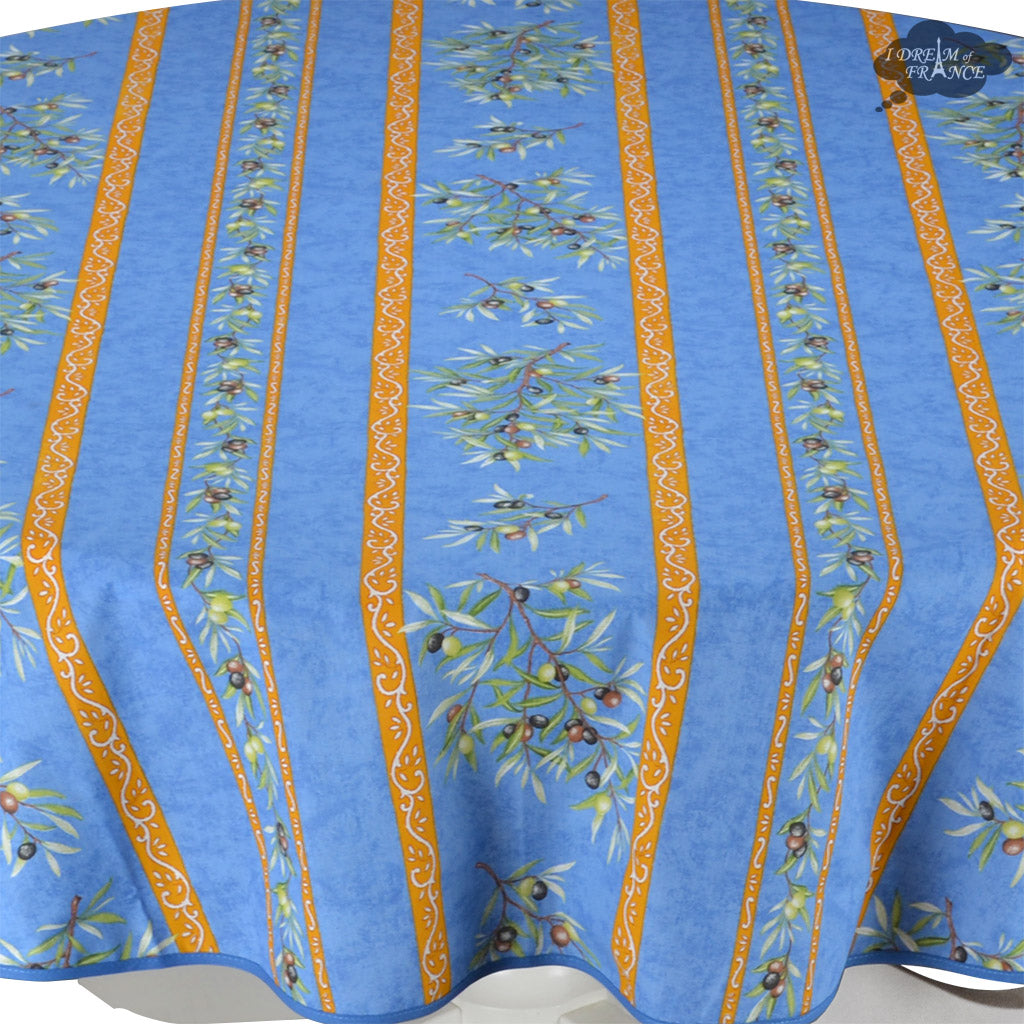 58" Round Clos des Oliviers Blue Acrylic Cotton Tablecloth by L'ensoleillade