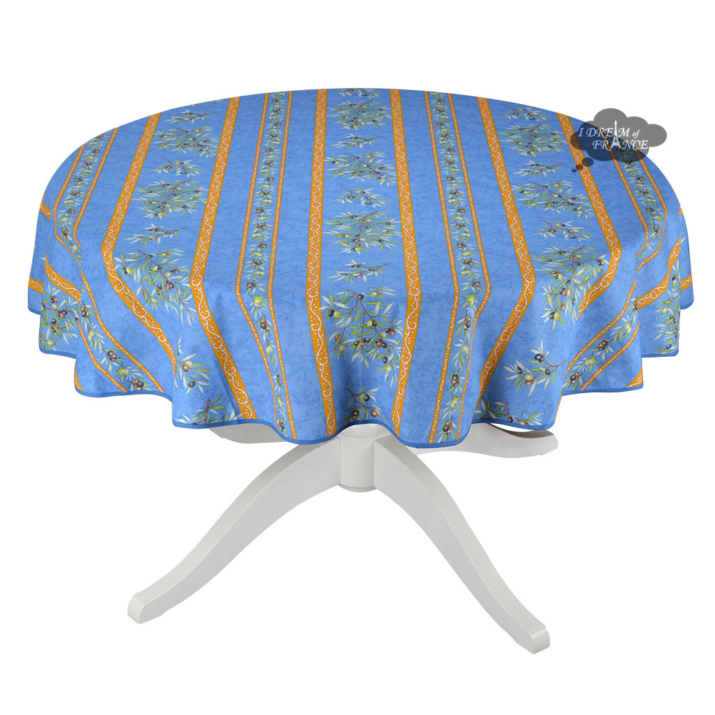 58" Round Clos des Oliviers Blue Acrylic Cotton Tablecloth by L'ensoleillade