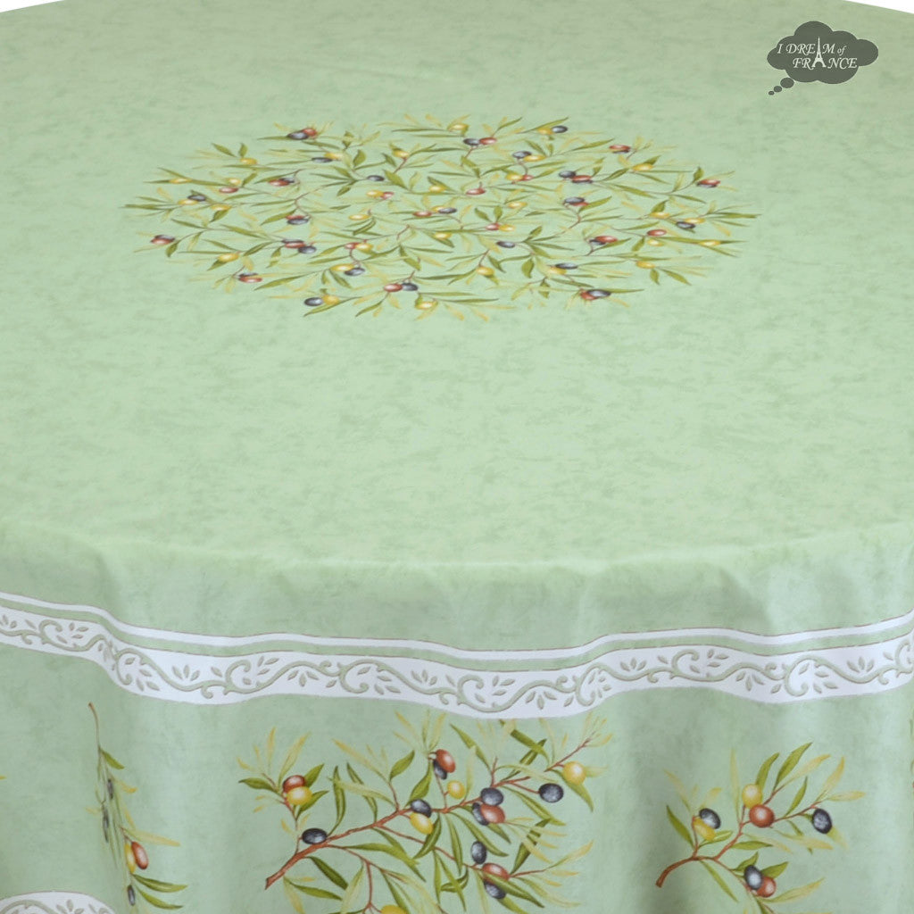 70" Round Clos des Oliviers Green Coated Cotton Tablecloth by Tissus Toselli