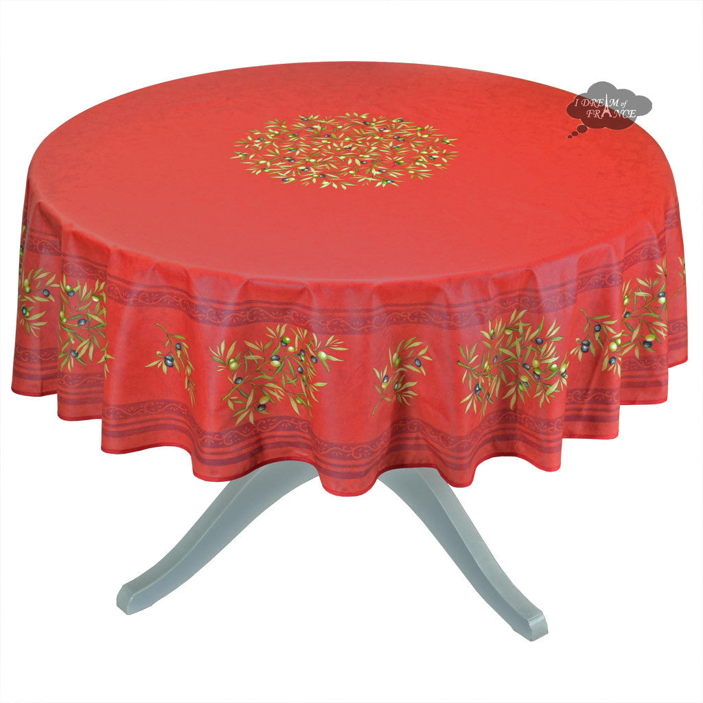 70" Round Clos des Oliviers Red Coated Cotton Tablecloth by Tissus Toselli