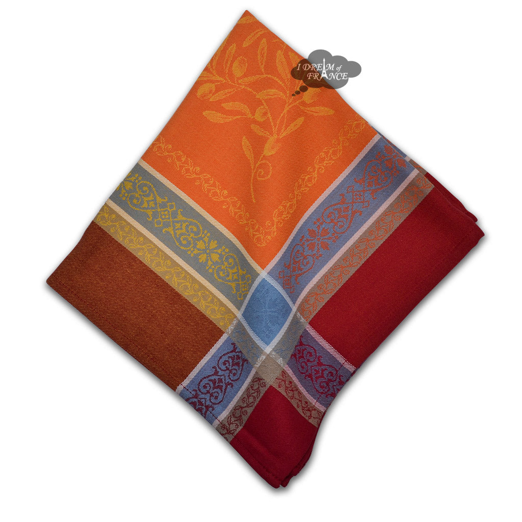 Olivia Red & Orange French Cotton Jacquard Napkin by Tissus Toselli