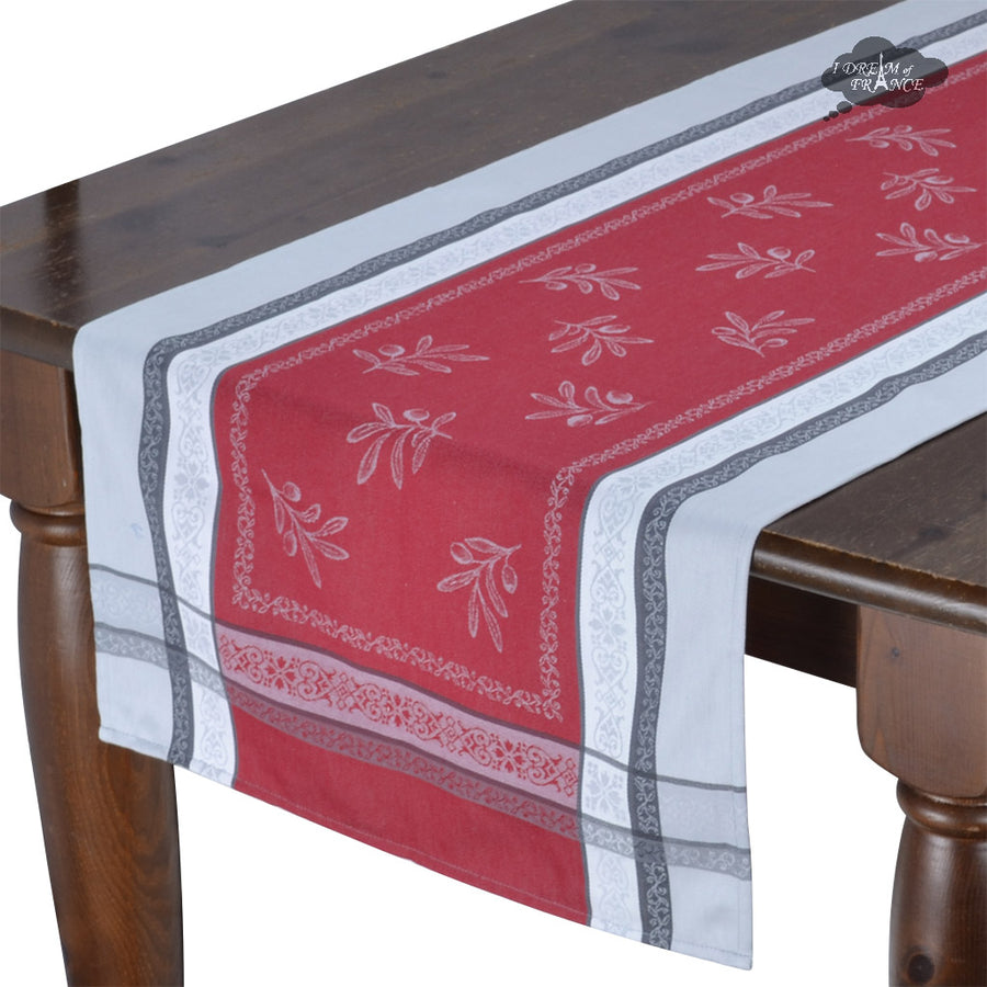 20x64" Olivia Gray & Red Jacquard Cotton Table Runner by Tissus Toselli