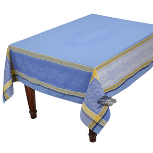 62" Square Olivia Blue & Yellow French Jacquard Tablecloth with Teflon