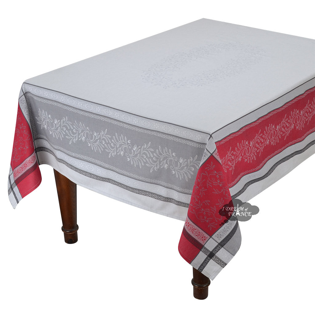 62" Square Olivia Gray & Red French Jacquard Tablecloth by Tissus Toselli