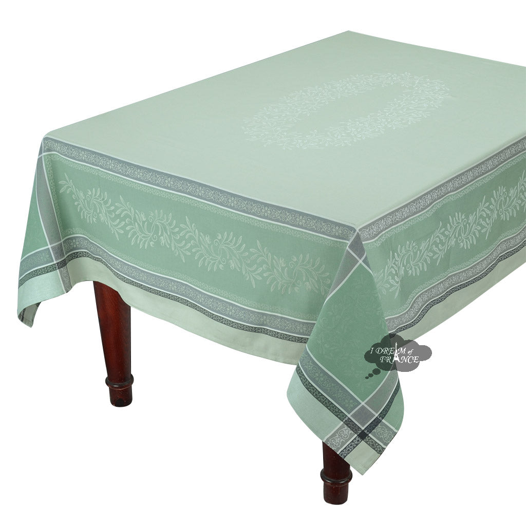 62x138" Rectangular Olivia Green Jacquard Tablecloth with Teflon