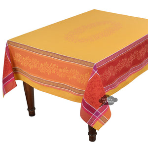 62x98" Rectangular Olivia Yellow & Red French Jacquard Tablecloth with Teflon