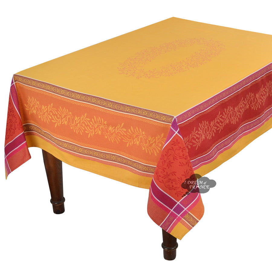 62x120" Rectangular Olivia Yellow & Red Jacquard Tablecloth with Teflon
