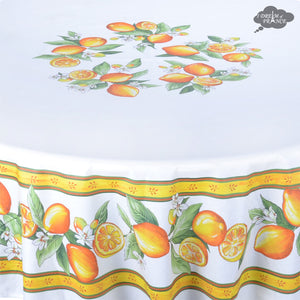 70" Round Lemons White French Acrylic-Coated Tablecloth by Tissus Toselli