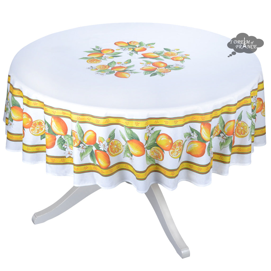 70" Round Lemons White French Acrylic-Coated Tablecloth by Tissus Toselli
