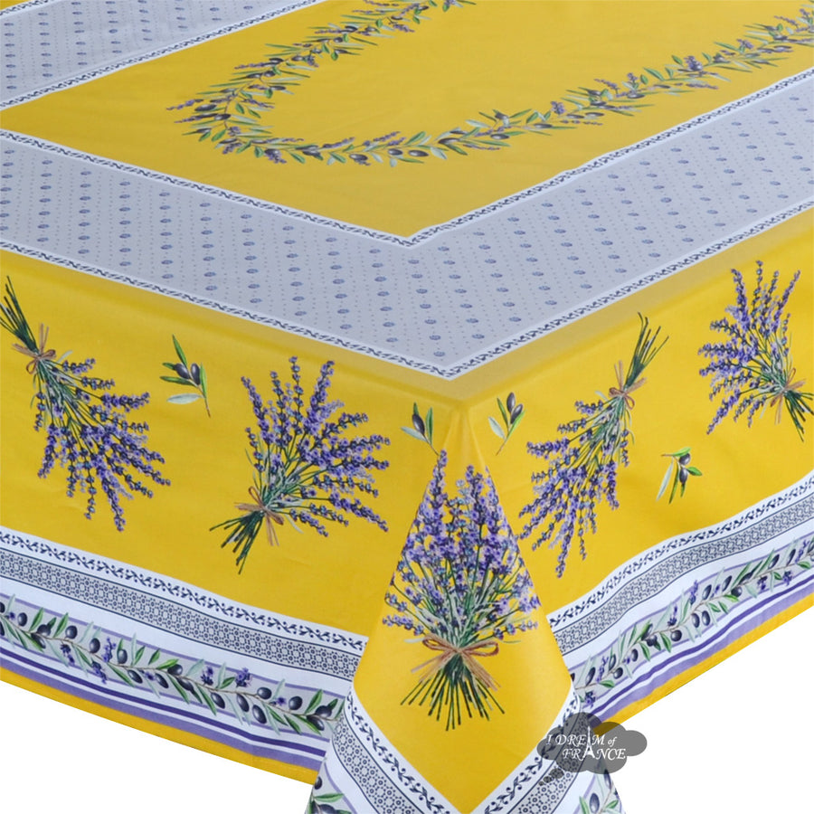 60x78" Rectangular Lauris Yellow Acrylic-Coated Cotton Tablecloth by Tissus Toselli