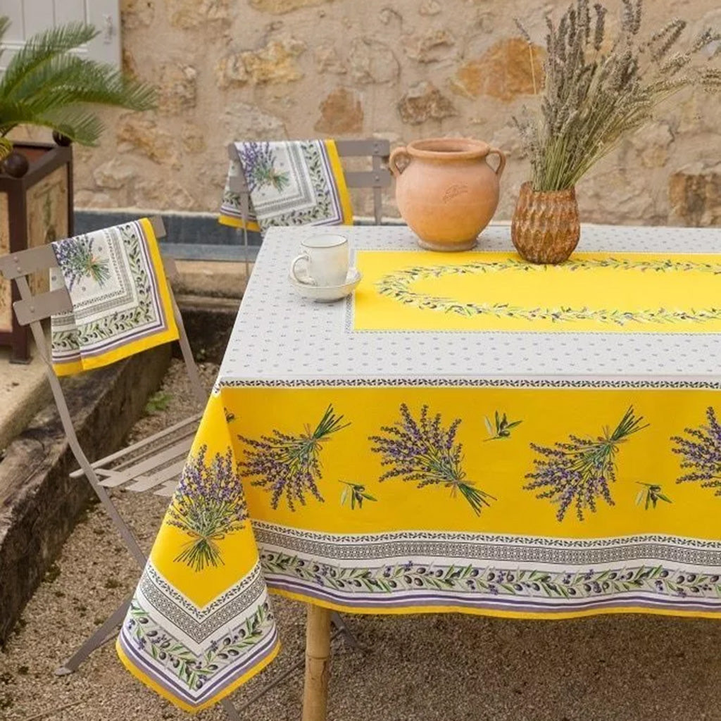 60x78" Rectangular Lauris Yellow Acrylic-Coated Cotton Tablecloth by Tissus Toselli